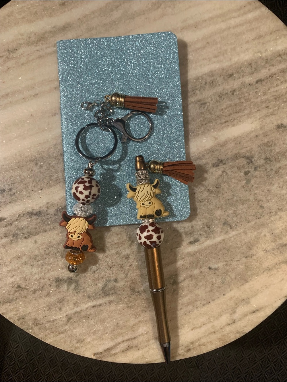 Highland Cow Pen & Keychain Set - Blue, Brown Accents